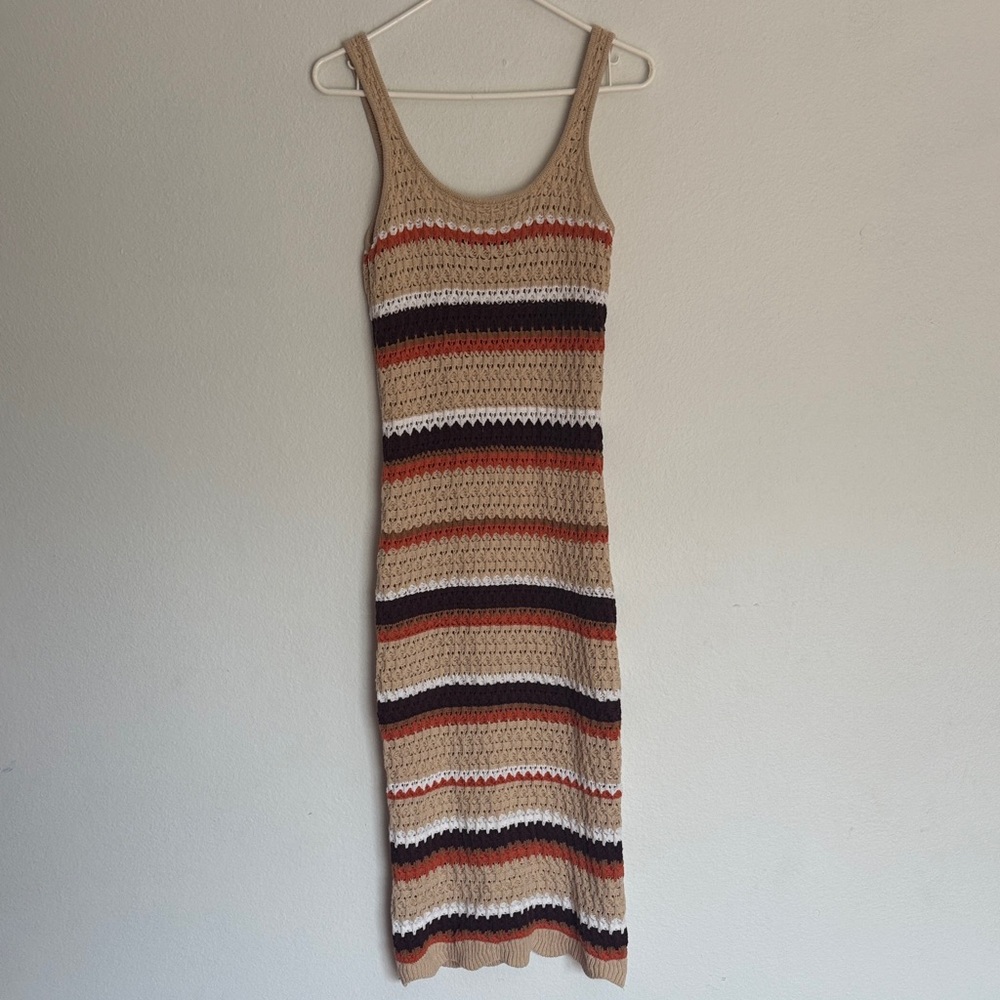 Sleeveless Striped Crochet Midi Dress - Tan, White & Brown